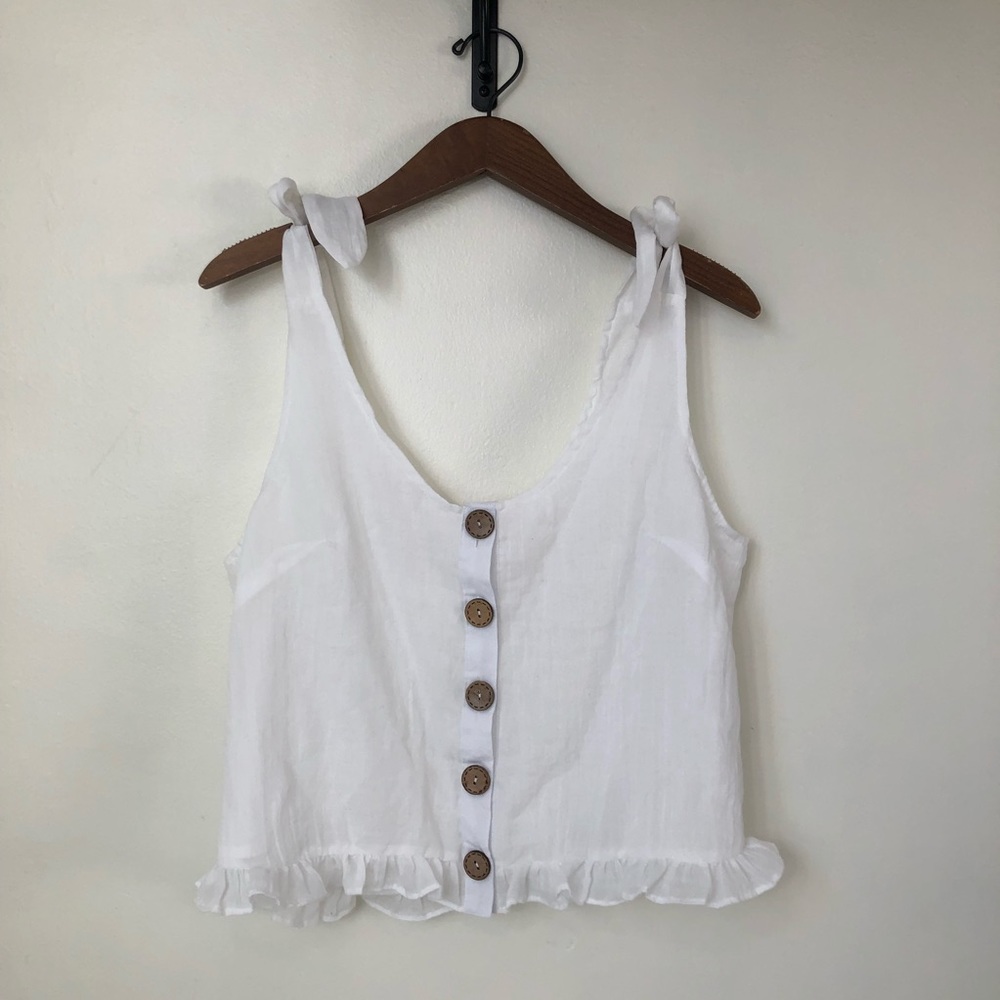 Pink Lily White Peplum Tie Sleeve Button Down Cotton Tank Top Large
